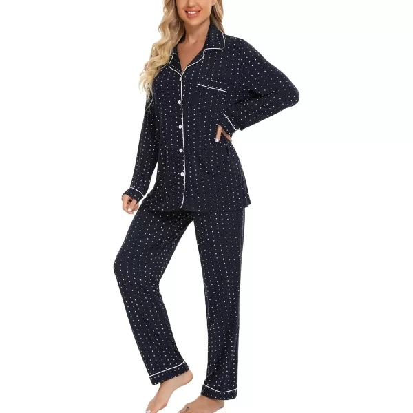 Leikar Button Up Pajama Set For Women Long Sleeve Shirt And Pajama Pants Soft Pjs Lounge SetsNavy Blue White Dots