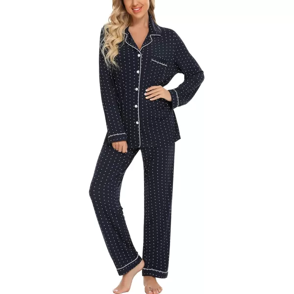 Leikar Button Up Pajama Set For Women Long Sleeve Shirt And Pajama Pants Soft Pjs Lounge SetsNavy Blue White Dots
