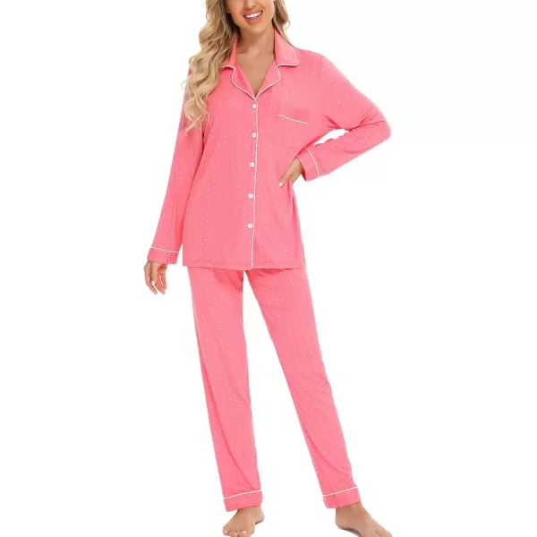 Leikar Button Up Pajama Set For Women Long Sleeve Shirt And Pajama Pants Soft Pjs Lounge SetsPink Dot