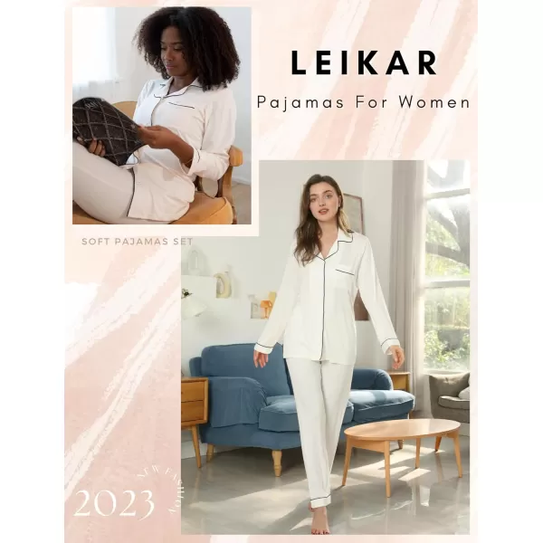 Leikar Button Up Pajama Set For Women Long Sleeve Shirt And Pajama Pants Soft Pjs Lounge SetsWhite