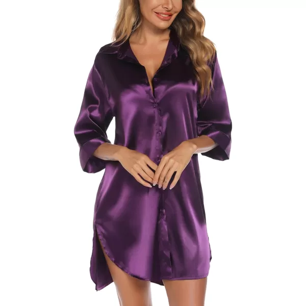 Leikar Satin Nightgown For Women 34 Sleeve Silk Night Shirts Button Down Pajamas Dress Boyfriend Sleepshirt SXXLPurple