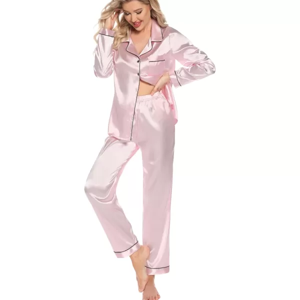 Leikar Silk Pajamas Long Sleeve Pajama Sets For Women Soft Button Down Pajamas Pj SetPink