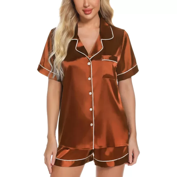 Leikar Womens Silk Summer Pajamas Shorts Set Floral Button Down Pjs Satin Loungewear Soft SleepwearCoffee