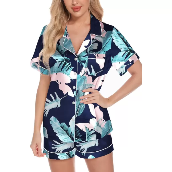 Leikar Womens Silk Summer Pajamas Shorts Set Floral Button Down Pjs Satin Loungewear Soft SleepwearFloral Blue Leaf