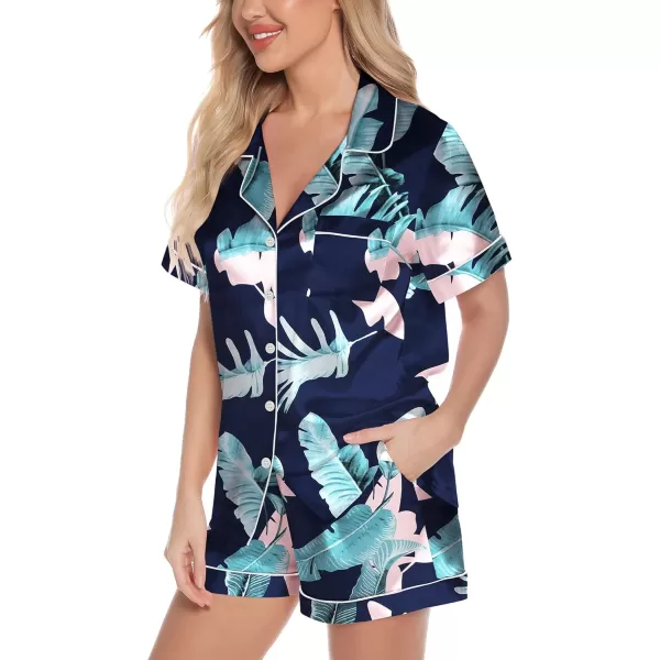 Leikar Womens Silk Summer Pajamas Shorts Set Floral Button Down Pjs Satin Loungewear Soft SleepwearFloral Blue Leaf