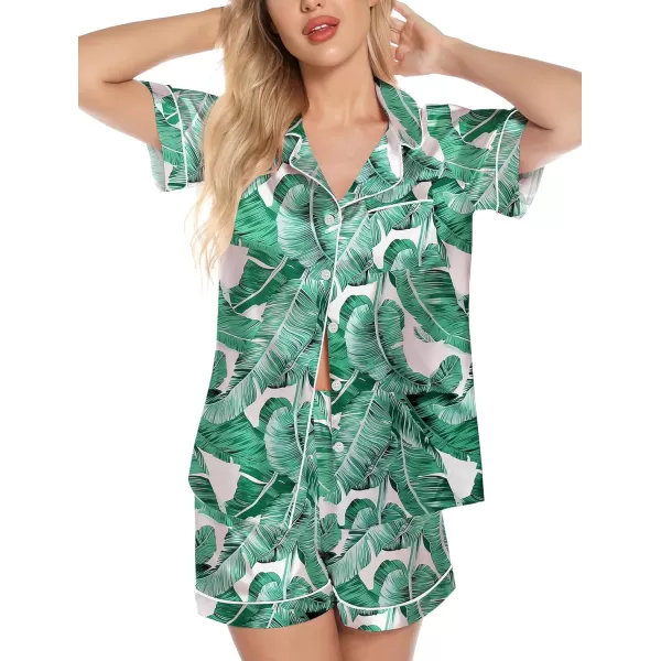 Leikar Womens Silk Summer Pajamas Shorts Set Floral Button Down Pjs Satin Loungewear Soft SleepwearFloral Green Leaf