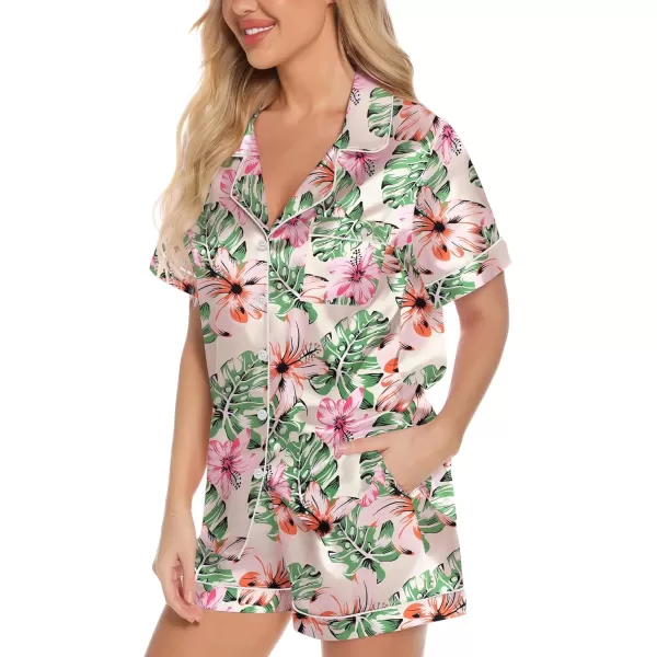 Leikar Womens Silk Summer Pajamas Shorts Set Floral Button Down Pjs Satin Loungewear Soft SleepwearFloral Light Green