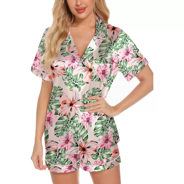 Leikar Womens Silk Summer Pajamas Shorts Set Floral Button Down Pjs Satin Loungewear Soft SleepwearFloral Light Green