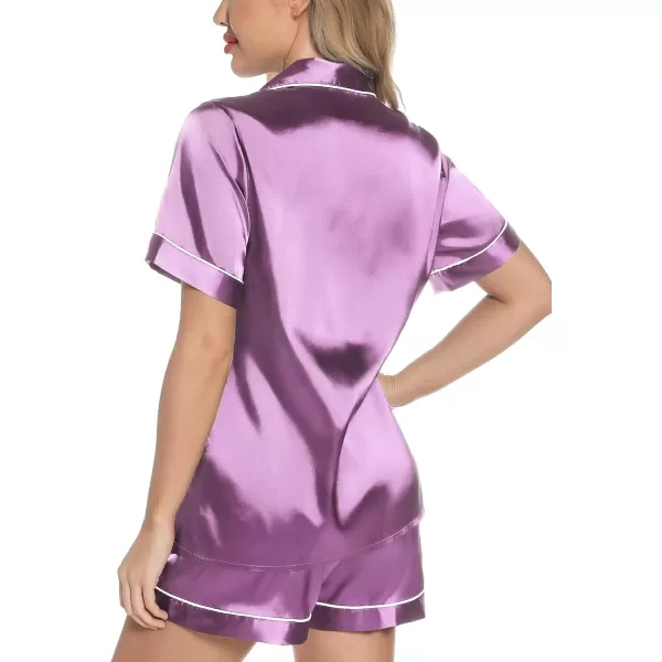 Leikar Womens Silk Summer Pajamas Shorts Set Floral Button Down Pjs Satin Loungewear Soft SleepwearViolet