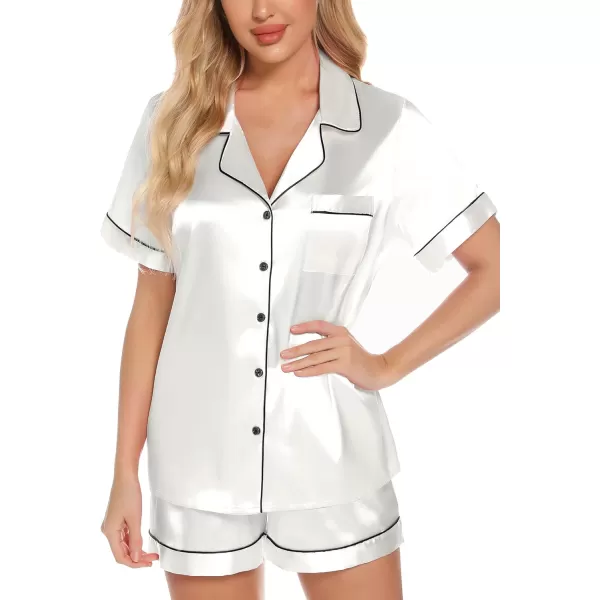 Leikar Womens Silk Summer Pajamas Shorts Set Floral Button Down Pjs Satin Loungewear Soft SleepwearWhite