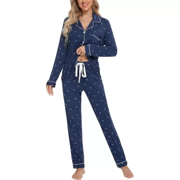 Leikar Button Up Pajama Set For Women Long Sleeve Shirt And Pajama Pants Soft Pjs Lounge SetsBlue White Heart