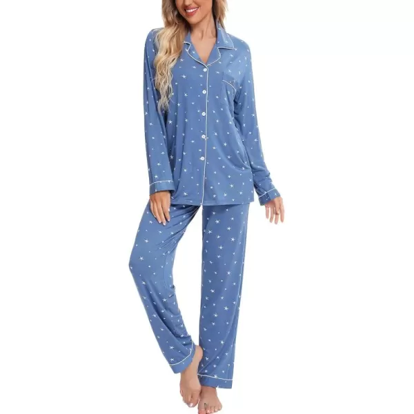 Leikar Button Up Pajama Set For Women Long Sleeve Shirt And Pajama Pants Soft Pjs Lounge SetsBlue White Stare