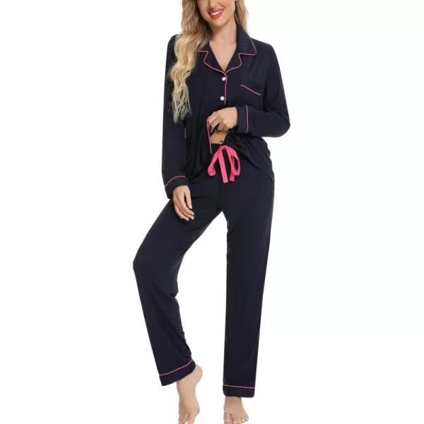 Leikar Button Up Pajama Set For Women Long Sleeve Shirt And Pajama Pants Soft Pjs Lounge SetsNavy Blue Pink Side