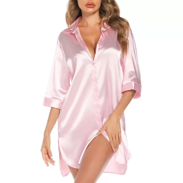 Leikar Satin Nightgown For Women 34 Sleeve Silk Night Shirts Button Down Pajamas Dress Boyfriend Sleepshirt SXXLPink