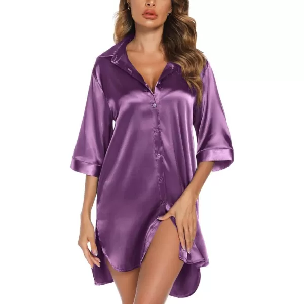 Leikar Satin Nightgown For Women 34 Sleeve Silk Night Shirts Button Down Pajamas Dress Boyfriend Sleepshirt SXXLViolet