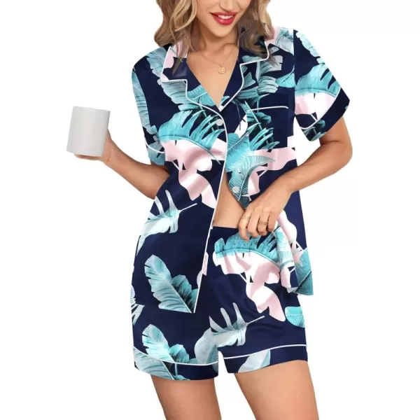 Leikar Womens Silk Summer Pajamas Shorts Set Floral Button Down Pjs Satin Loungewear Soft SleepwearFloral Blue Leaf