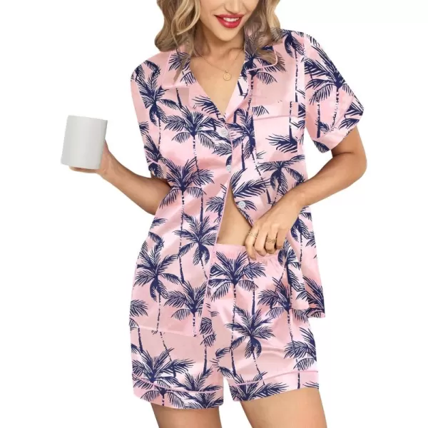 Leikar Womens Silk Summer Pajamas Shorts Set Floral Button Down Pjs Satin Loungewear Soft SleepwearFloral Coconut Tree