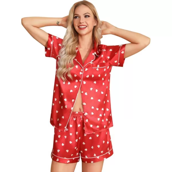 Leikar Womens Silk Summer Pajamas Shorts Set Floral Button Down Pjs Satin Loungewear Soft SleepwearRed Love