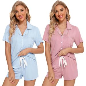 imageLeikar 2 Pack Button Up Pajama Set For Women Sleepwear Soft Pjs Bride PajamasLight BluePink