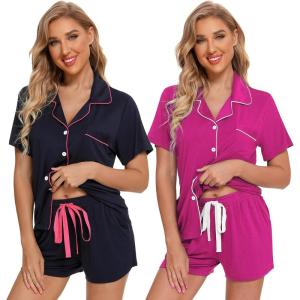 imageLeikar 2 Pack Button Up Pajama Set For Women Sleepwear Soft Pjs Bride PajamasNavyRose Red