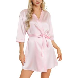 imageLeikar Silk Robe For Women Floral Kimono Bridesmaid Pajamas Satin Flower BathrobePink