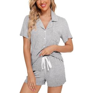 imageLeikar Womens Button Down Pajama Sets Bride Pajamas Sets Sleepwear Shorts Lounge SetAbeige Stripewith Shorts Pocket
