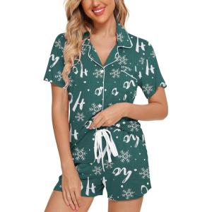 imageLeikar Womens Button Down Pajama Sets Bride Pajamas Sets Sleepwear Shorts Lounge SetAgreen Snowwith Shorts Pocket