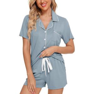 imageLeikar Womens Button Down Pajama Sets Bride Pajamas Sets Sleepwear Shorts Lounge SetAmist Bluewith Shorts Pocket