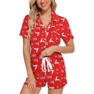 imageLeikar Womens Button Down Pajama Sets Bride Pajamas Sets Sleepwear Shorts Lounge SetAred Elkwith Shorts Pocket