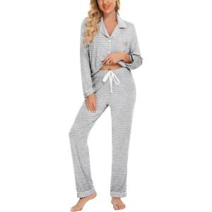 imageLeikar Button Up Pajama Set For Women Long Sleeve Shirt And Pajama Pants Soft Pjs Lounge SetsBeige Stripe