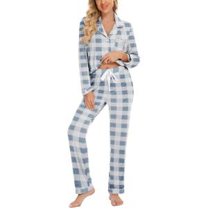 imageLeikar Button Up Pajama Set For Women Long Sleeve Shirt And Pajama Pants Soft Pjs Lounge SetsBlue Plaid