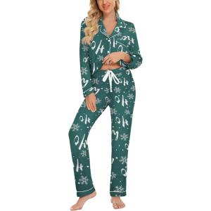 imageLeikar Button Up Pajama Set For Women Long Sleeve Shirt And Pajama Pants Soft Pjs Lounge SetsGreen Snow