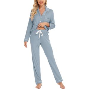 imageLeikar Button Up Pajama Set For Women Long Sleeve Shirt And Pajama Pants Soft Pjs Lounge SetsMist Blue