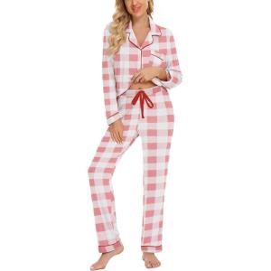 imageLeikar Button Up Pajama Set For Women Long Sleeve Shirt And Pajama Pants Soft Pjs Lounge SetsPink Plaid