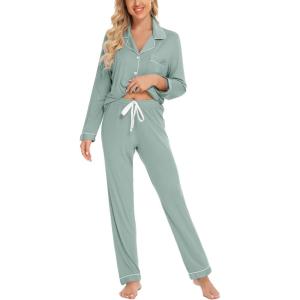 imageLeikar Button Up Pajama Set For Women Long Sleeve Shirt And Pajama Pants Soft Pjs Lounge SetsSage