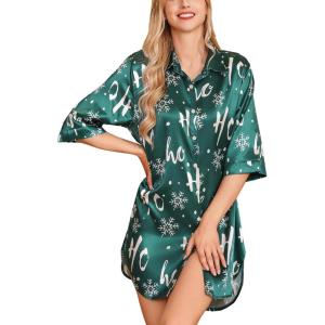 imageLeikar Satin Nightgown For Women 34 Sleeve Silk Night Shirts Button Down Pajamas Dress Boyfriend Sleepshirt SXXLGreen Snow