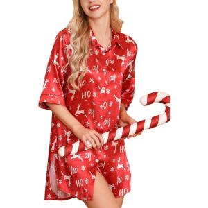 imageLeikar Satin Nightgown For Women 34 Sleeve Silk Night Shirts Button Down Pajamas Dress Boyfriend Sleepshirt SXXLRed Elk