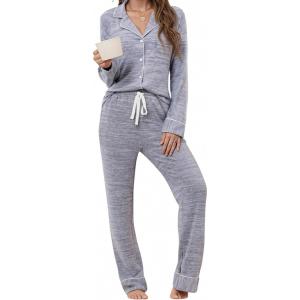 imageLeikar Button Up Pajama Set For Women Long Sleeve Shirt And Pajama Pants Soft Pjs Lounge SetsThickened Blue