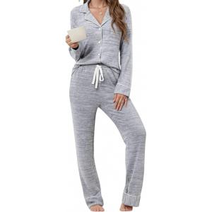 imageLeikar Button Up Pajama Set For Women Long Sleeve Shirt And Pajama Pants Soft Pjs Lounge SetsThickened Gray