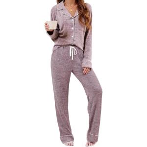 imageLeikar Button Up Pajama Set For Women Long Sleeve Shirt And Pajama Pants Soft Pjs Lounge SetsThickened Pink
