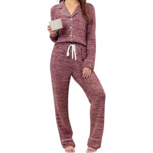 imageLeikar Button Up Pajama Set For Women Long Sleeve Shirt And Pajama Pants Soft Pjs Lounge SetsThickened Red