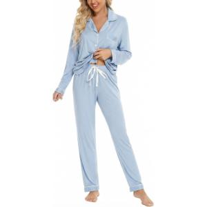 image:imageLeikar Button Down Pajamas for Women Soft Viscose Sleepwear Long Sleeve Pjs Set Maternity Nursing Postpartum LoungewearLight Blue