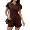 image:imageLeikar Womens Pajama Sets with Pockets Soft Cotton Blend Ruffle Sleeve Pajamas Shorts Set 2 Piece Sleepwear Lounge SetDark Coffee