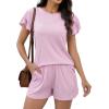 image:imageLeikar Womens Pajama Sets with Pockets Soft Cotton Blend Ruffle Sleeve Pajamas Shorts Set 2 Piece Sleepwear Lounge SetPink
