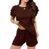 image:imageLeikar Womens Pajama Sets with Pockets Soft Cotton Blend Ruffle Sleeve Pajamas Shorts Set 2 Piece Sleepwear Lounge SetDark Coffee