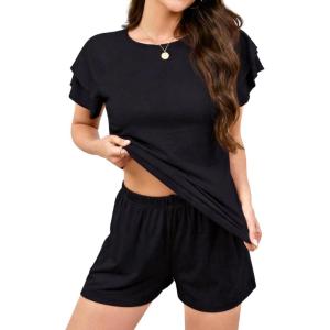 image:imageLeikar Womens Pajama Sets with Pockets Soft Cotton Blend Ruffle Sleeve Pajamas Shorts Set 2 Piece Sleepwear Lounge SetBlack