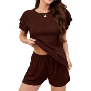 image:imageLeikar Womens Pajama Sets with Pockets Soft Cotton Blend Ruffle Sleeve Pajamas Shorts Set 2 Piece Sleepwear Lounge SetDark Coffee