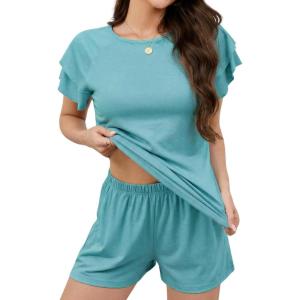 image:imageLeikar Womens Pajama Sets with Pockets Soft Cotton Blend Ruffle Sleeve Pajamas Shorts Set 2 Piece Sleepwear Lounge SetSage Green