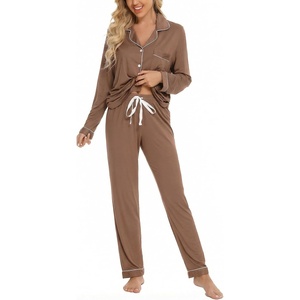 image:imageLeikar Button Down Pajamas for Women Soft Viscose Sleepwear Long Sleeve Pjs Set Nursing Postpartum LoungewearBrown