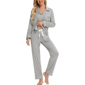 image:imageLeikar Button Down Pajamas for Women Soft Viscose Sleepwear Long Sleeve Pjs Set Nursing Postpartum LoungewearGray